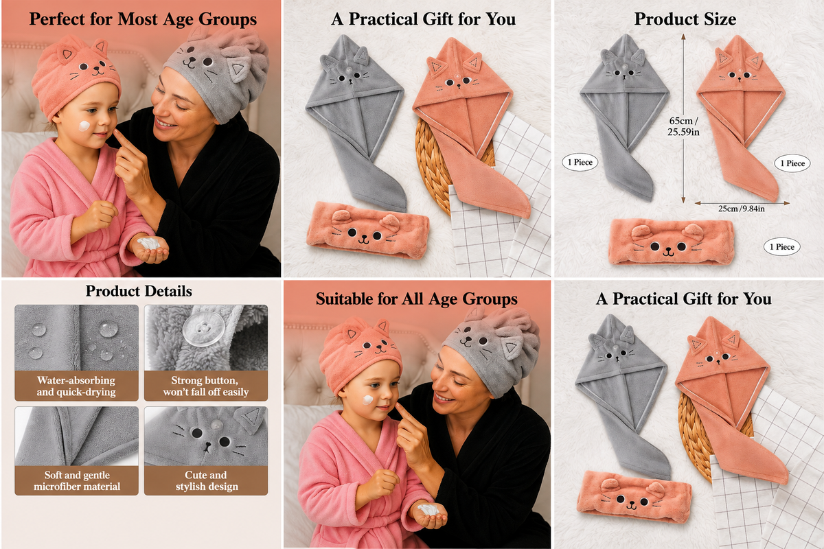 Microfibre Hair Turban Towel with Button – Set of 3, Quick-Dry, Anti-Frizz, for Long & Curly Hair