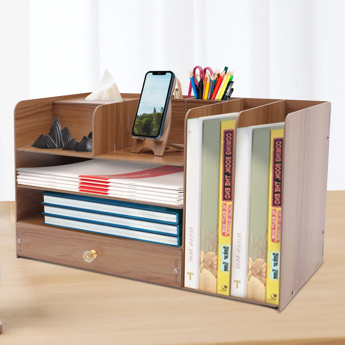 4-Layer Desktop Organizer A4 File Organizer Office Stationery Book Storage Rack with Phone Stand Tissue Box 48*23*28Cm