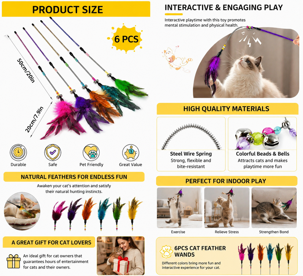 Aidiyapet Cat Feather Wand Toy – 6-Pack Interactive Teaser Stick with Natural Feathers & Bell
