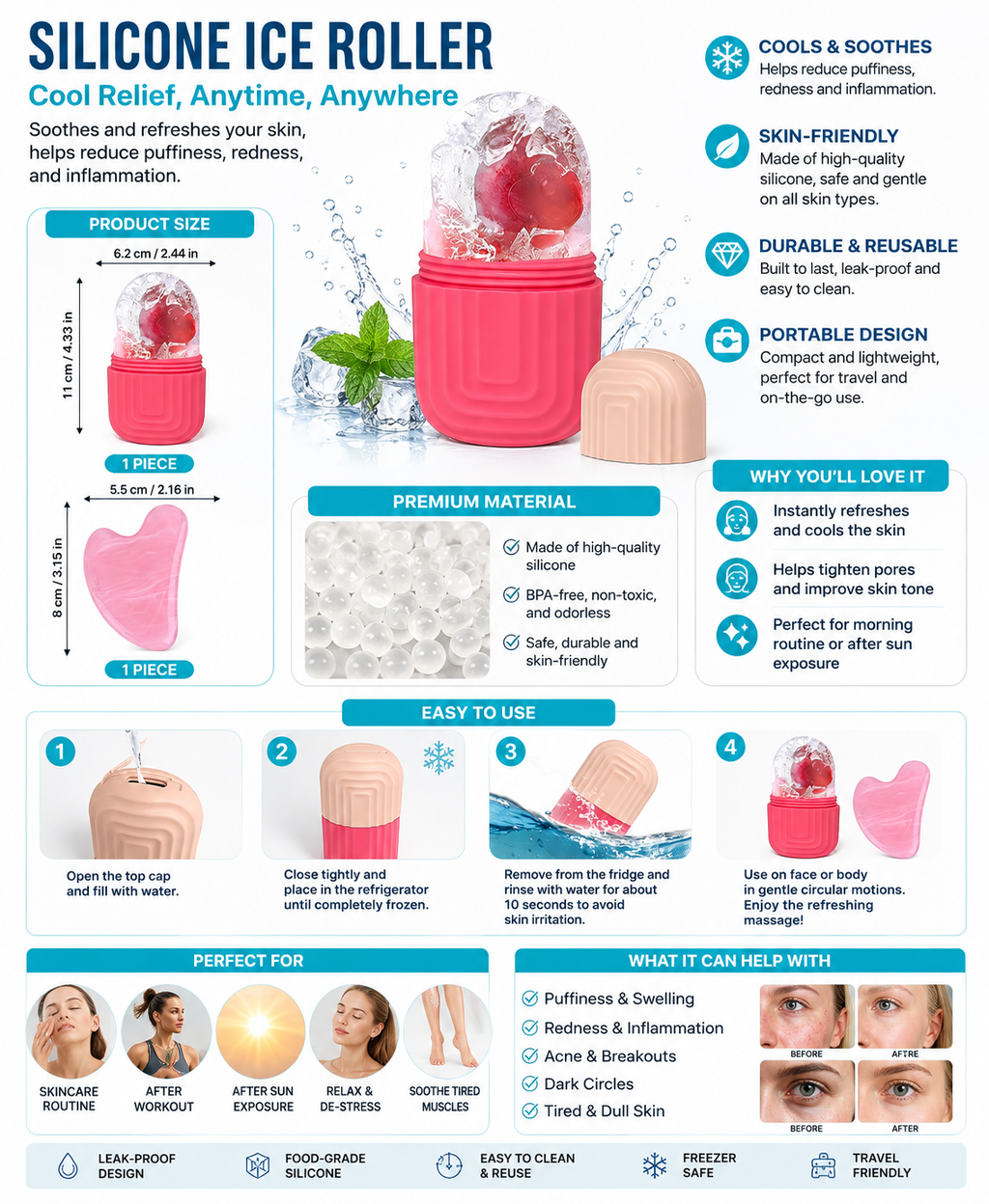 Scettar Ice Face Roller & Jawline Stone Set – Reusable Silicone Facial Roller for Skin Tightening, Pore Minimising & Anti-Ageing