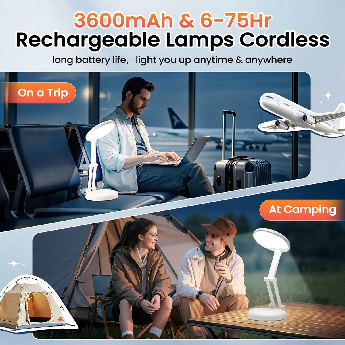 Tischlampe Kabellos, 3600Mah Schreibtischlampe LED Akku, Tragbar | Aufladbar, 9 Helligkeiten, Kleine Größe, Faltbar Design, 6-75 Stunden Lebensdauer, Berührungssteuerung,Leselampe,Büro Lampe